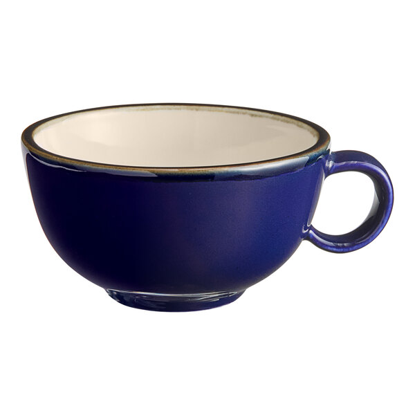 An Acopa Keystone Azora Blue porcelain cup with a gold rim on a white background.