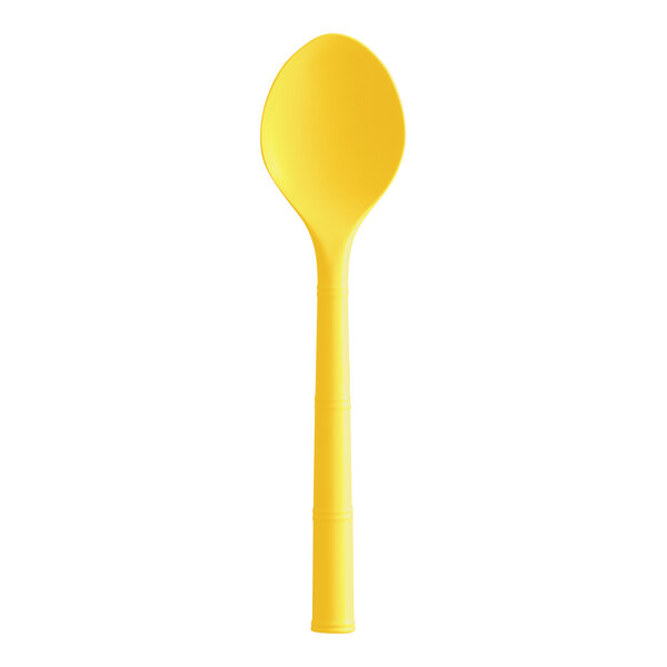 A yellow plastic spoon with a handle.