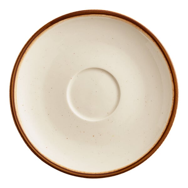 A white Acopa Keystone porcelain saucer with a brown rim.