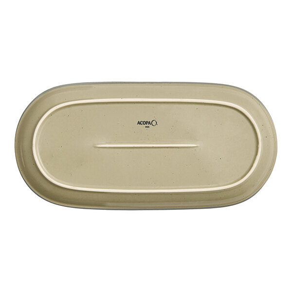 An oblong porcelain platter in a granite gray color with a white surface.