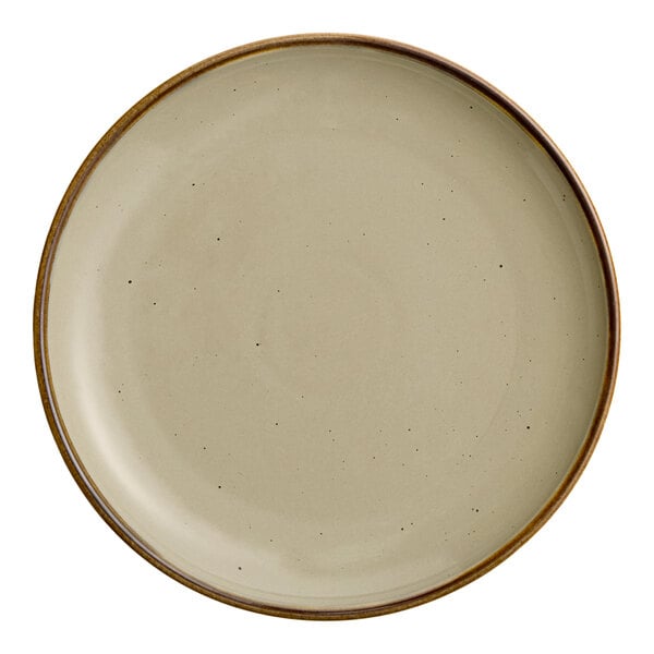 An Acopa Keystone granite gray porcelain coupe plate with a white surface.