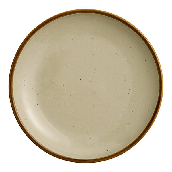 A close-up of an Acopa Keystone granite gray porcelain coupe plate with brown speckles on the surface.