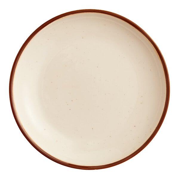 An Acopa Keystone porcelain coupe plate with a brown rim.