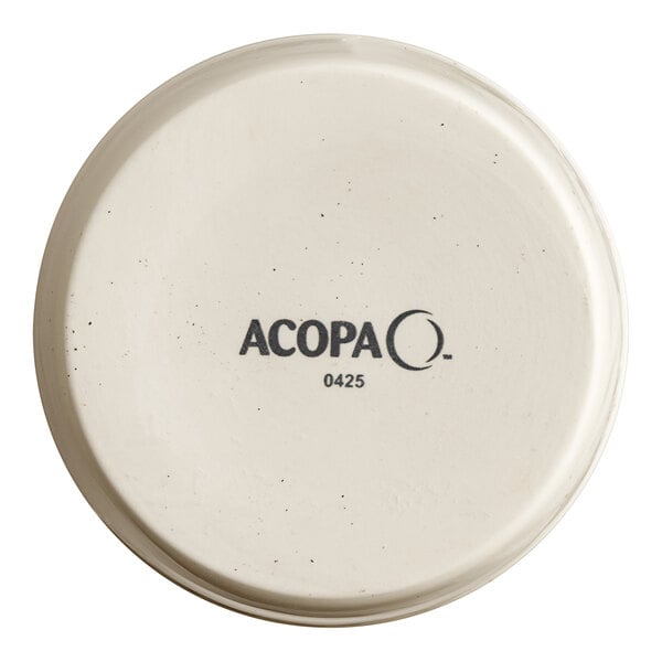 A white Acopa porcelain ramekin with black text.