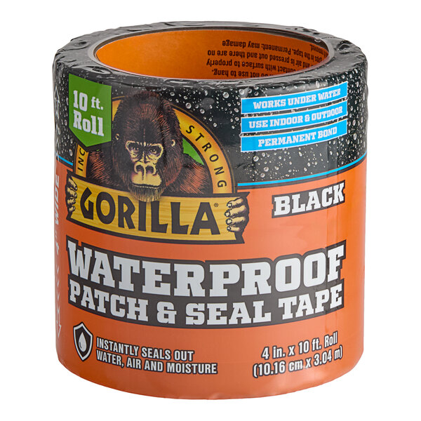 A roll of Gorilla Waterproof Patch & Seal utility tape with water droplets on it.