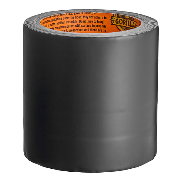 A roll of Gorilla Waterproof Patch & Seal black tape with orange writing on it.
