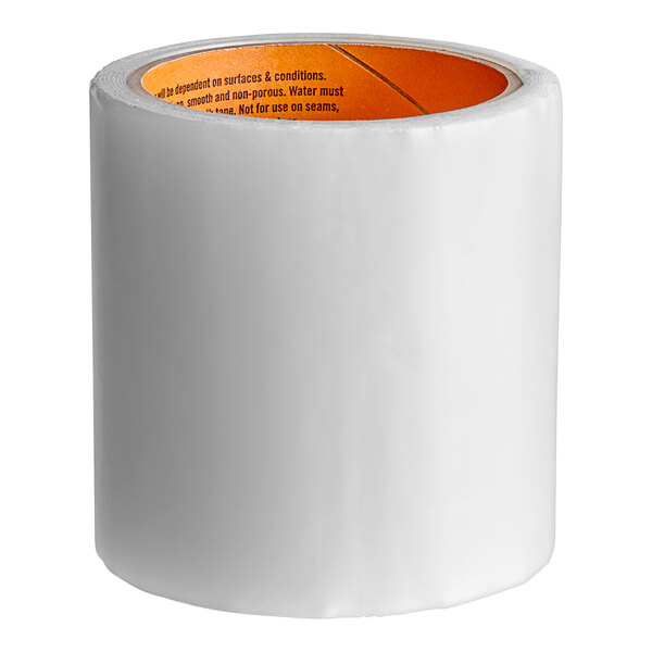 A roll of clear tape with an orange label.