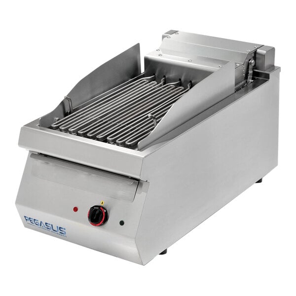 A Pegasus countertop charbroiler with a stainless steel top.