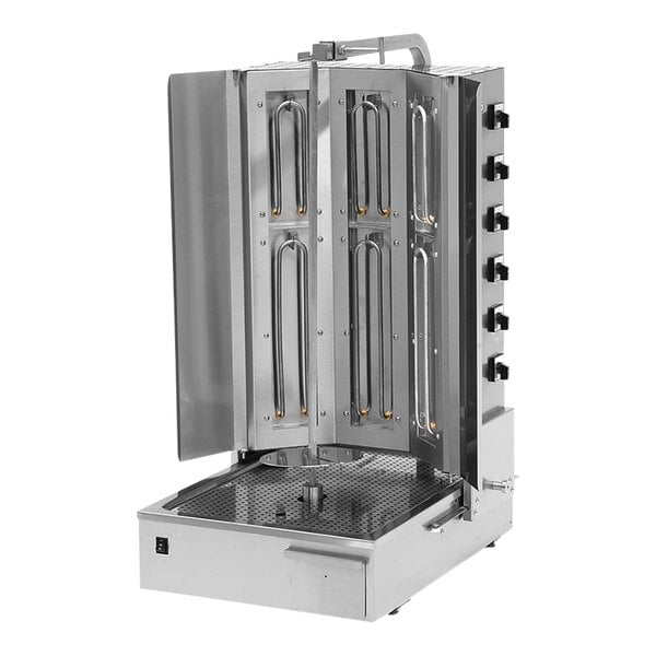 A large stainless steel Pegasus vertical broiler with two open doors and racks inside.