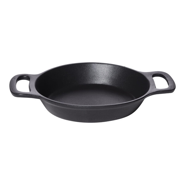 A black cast aluminum mini round server with two handles.