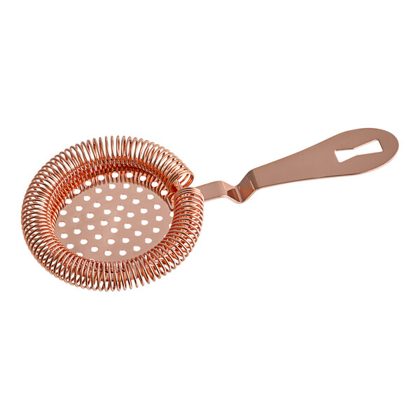 A Barfly copper-plated Hawthorne strainer with a handle.