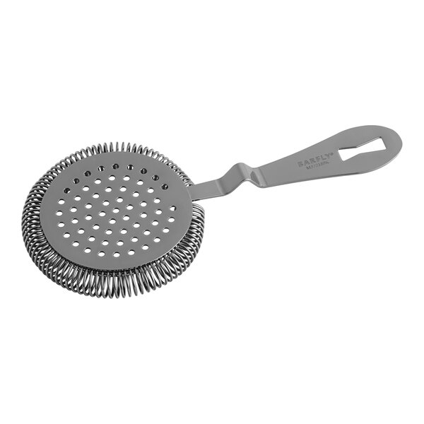 A Barfly gun metal black Hawthorne strainer with a handle.