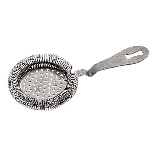 A Barfly vintage metal Hawthorne strainer with a handle.
