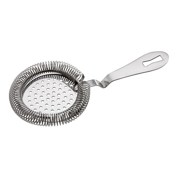 A Barfly stainless steel Hawthorne strainer with a metal handle.
