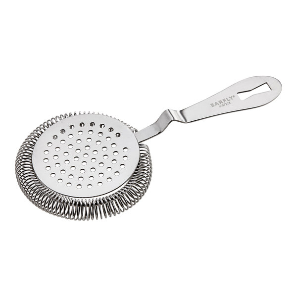 A Barfly stainless steel Hawthorne strainer with a handle and holes on it.