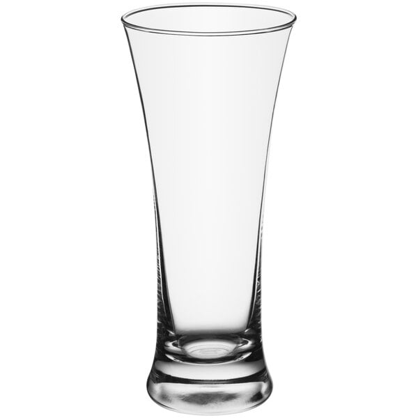 An Acopa clear flared glass bud vase with a clear bottom and rim.