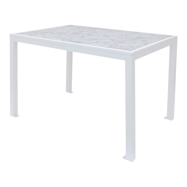 A BFM Seating white aluminum table with a marble top.