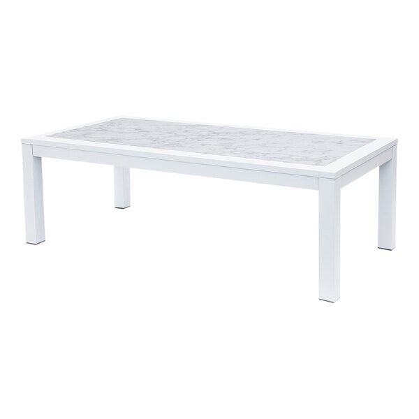 A white rectangular BFM Seating Belmar coffee table with a white marble top.