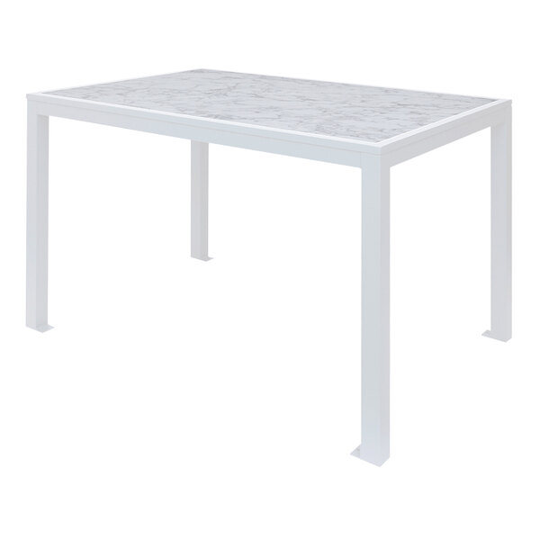 A BFM Seating white aluminum table with a Carrara marble top on a white table.