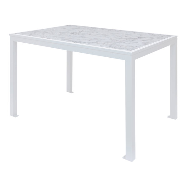 A BFM Seating white rectangular table with a Carrara marble top.
