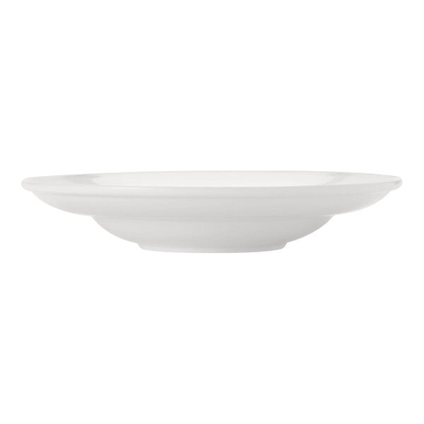 A close up of a Libbey round white porcelain pasta bowl.