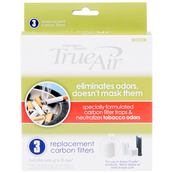 A box of Hamilton Beach TrueAir carbon filter replacements.