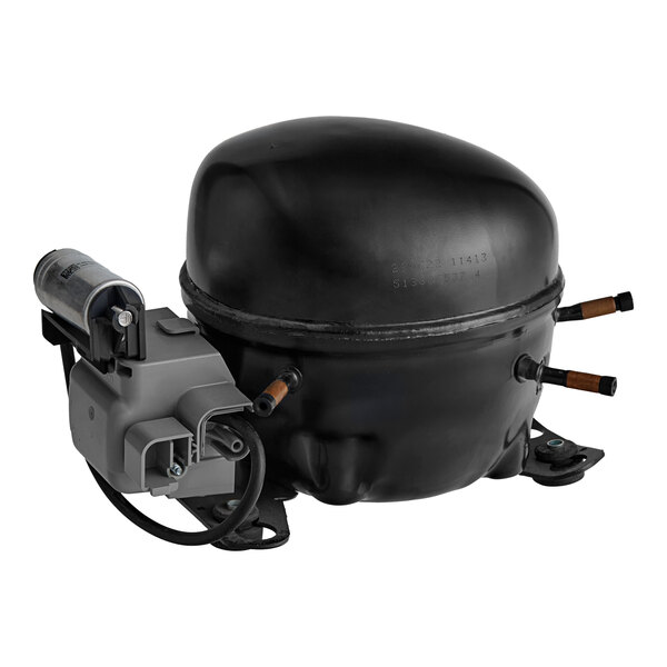 A black compressor unit designed for use with select 3 and 5 gallon beverage dispensers.