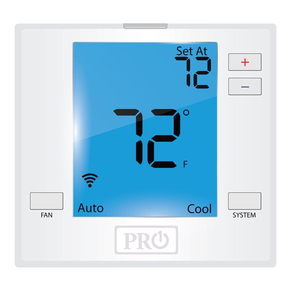 The digital screen of a Pro1 700 thermostat displaying blue numbers and symbols.