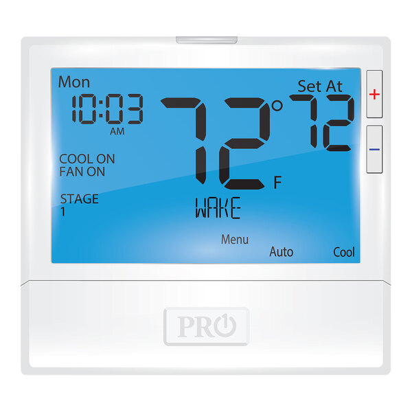 A Pro1 800 commercial digital thermostat with a blue screen displaying the temperature.