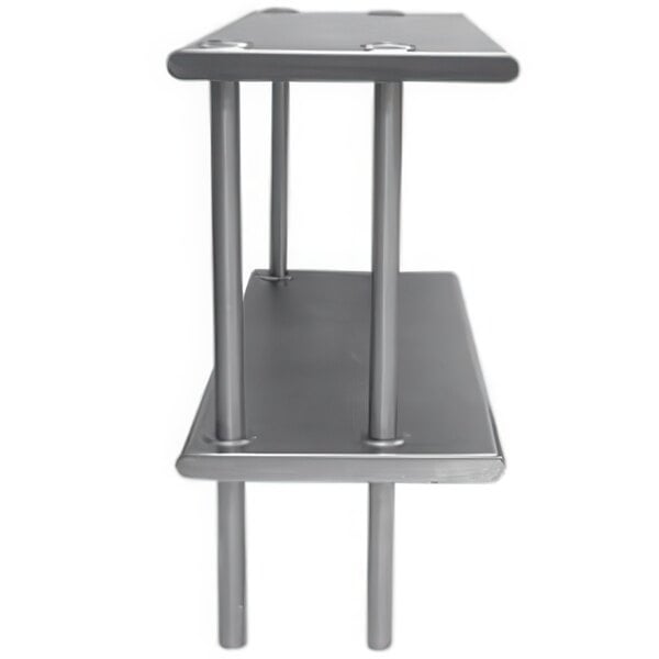 An Advance Tabco stainless steel double deck table mounted overshelf with two shelves.