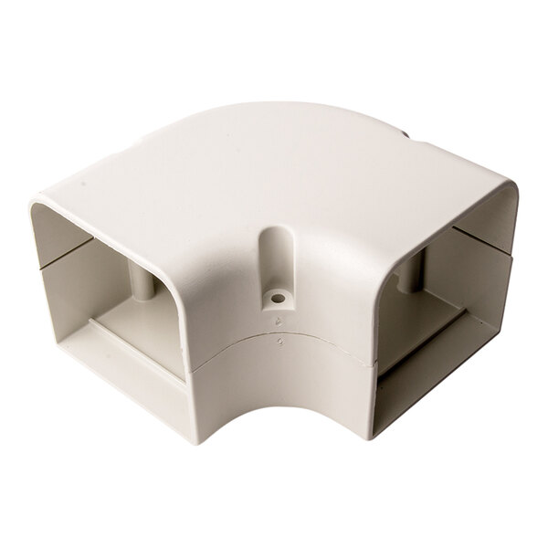 A white plastic 90-degree flat bend with holes.