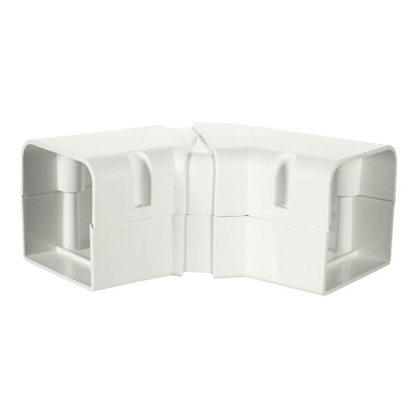 A white plastic corner connector with two holes.