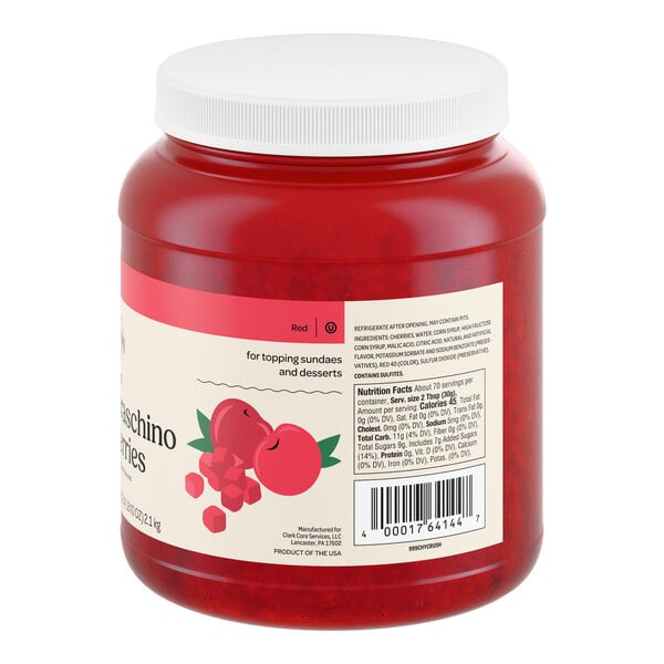 A large plastic jar of crushed maraschino cherries with a white lid and a label indicating it is for topping sundaes and desserts.