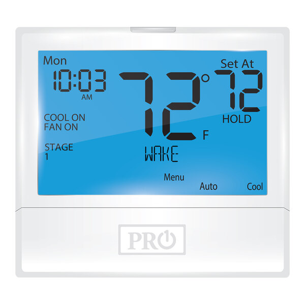 A Pro1 digital thermostat with a blue screen displaying the temperature.