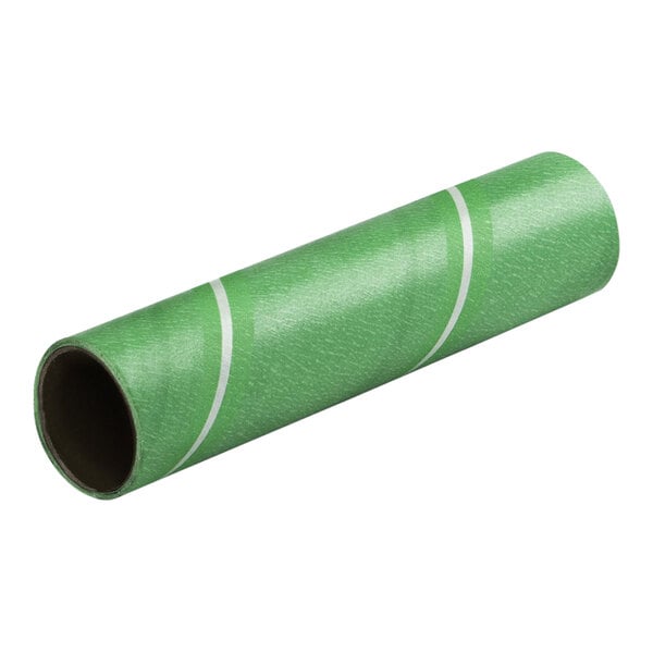 A green roll of paper with white stripes inside a green tube.