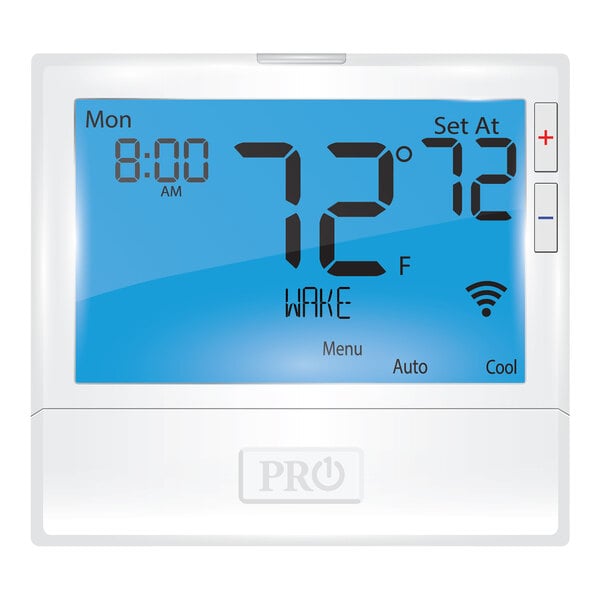 The digital screen of a Pro1 800 commercial thermostat displaying blue digital numbers.