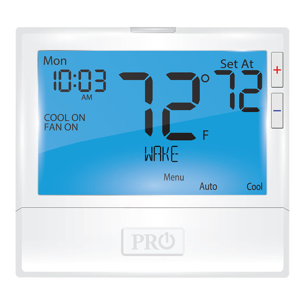 A blue Pro1 digital thermostat with black numbers displaying the temperature.