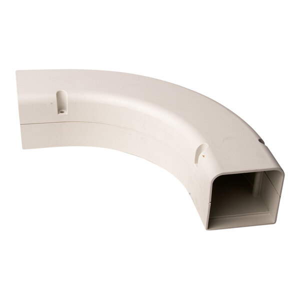 A white plastic 90-degree bend for SpeediChannel with holes.