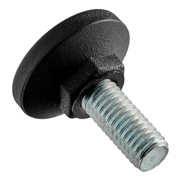 A black round Narvon foot with a screw and nut on it.