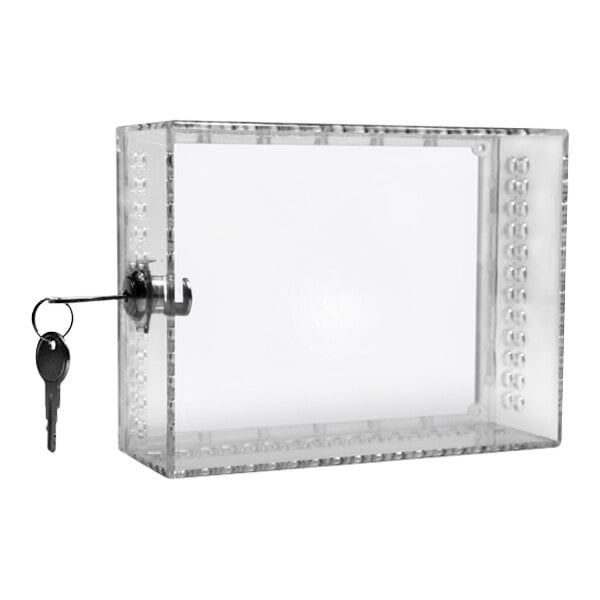 A clear plastic Pro1 thermostat guard with a key.