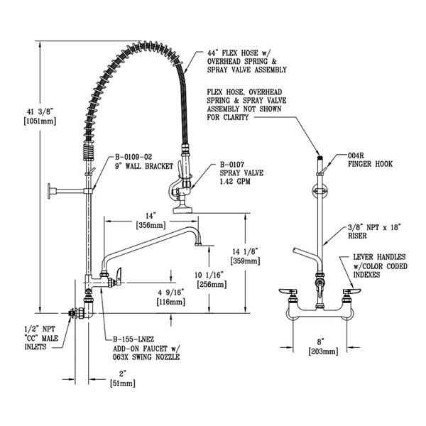 A diagram of a T&S wall mounted pre-rinse faucet with a hose.