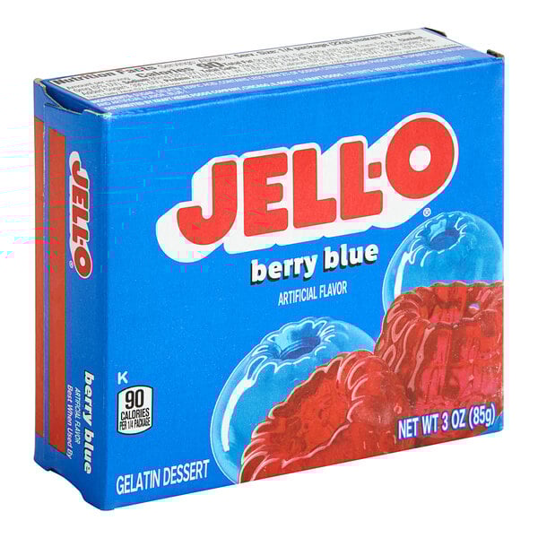 A blue box of JELL-O Berry Blue gelatin mix.