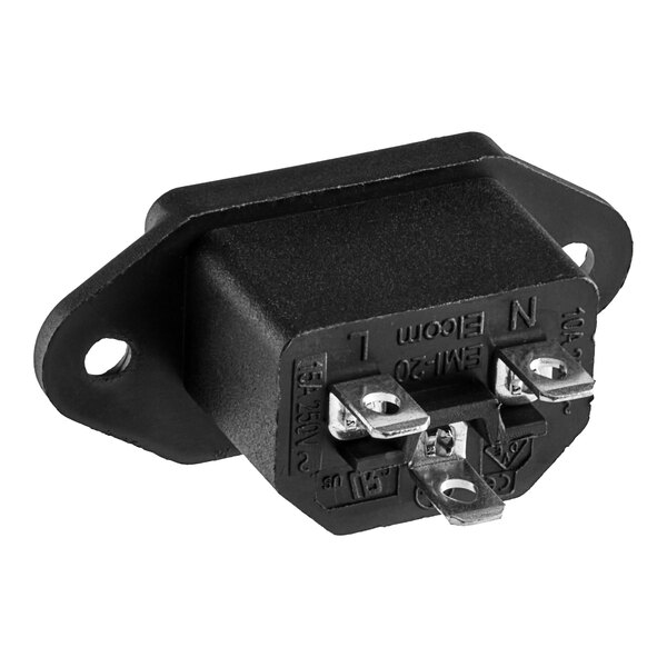 A black Narvon female connector with metal connectors.