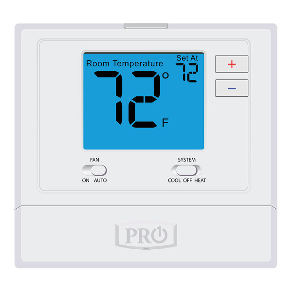 A Pro1 digital thermostat with buttons and a digital screen showing the temperature.
