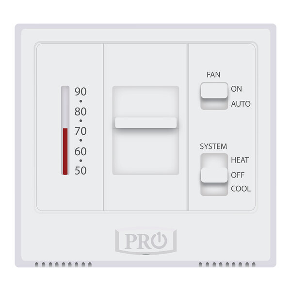 A white rectangular Pro1 thermostat with buttons and dials.