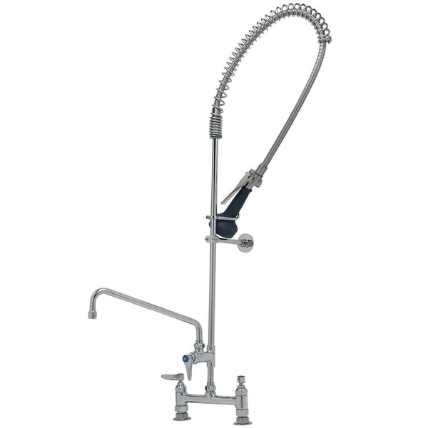 A T&S chrome deck mounted pre-rinse faucet with a hose attached.