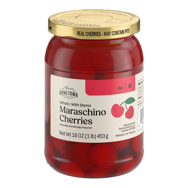 A 16-ounce jar of Hometown Provisions Maraschino Cherries with stems.
