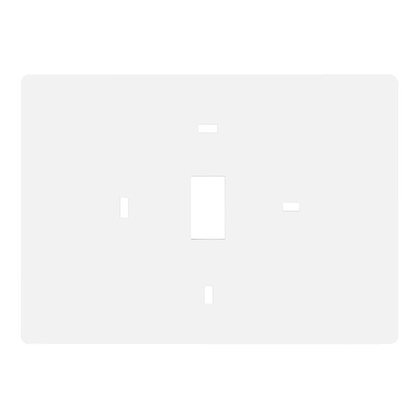 A white rectangular Pro1 thermostat wall plate cover with a rectangular hole in the middle.