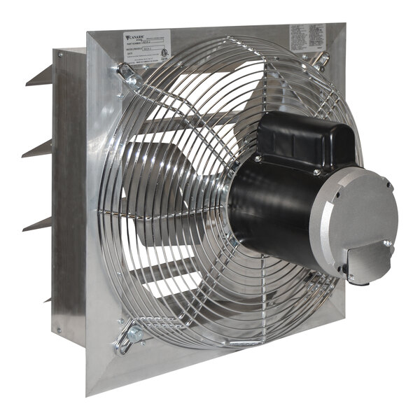 A metal Canarm shutter-mounted exhaust fan with a black motor.