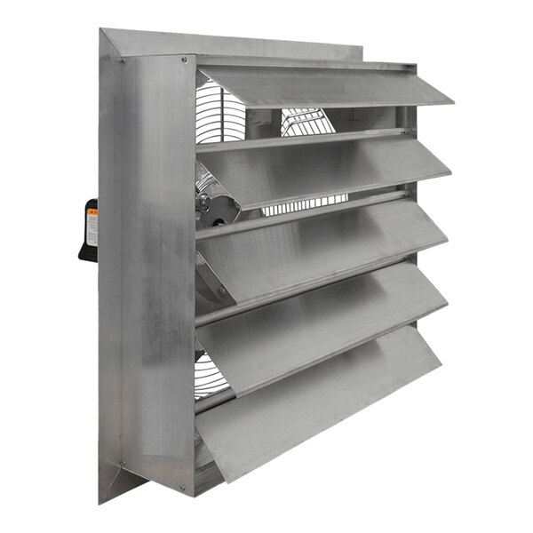A stainless steel Canarm shutter-mounted exhaust fan with four blades.